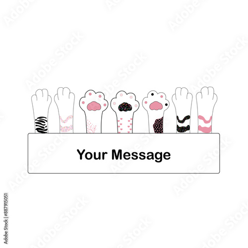 Lovely cat or dog raised paws horizontal blank holding up sign with space for your message