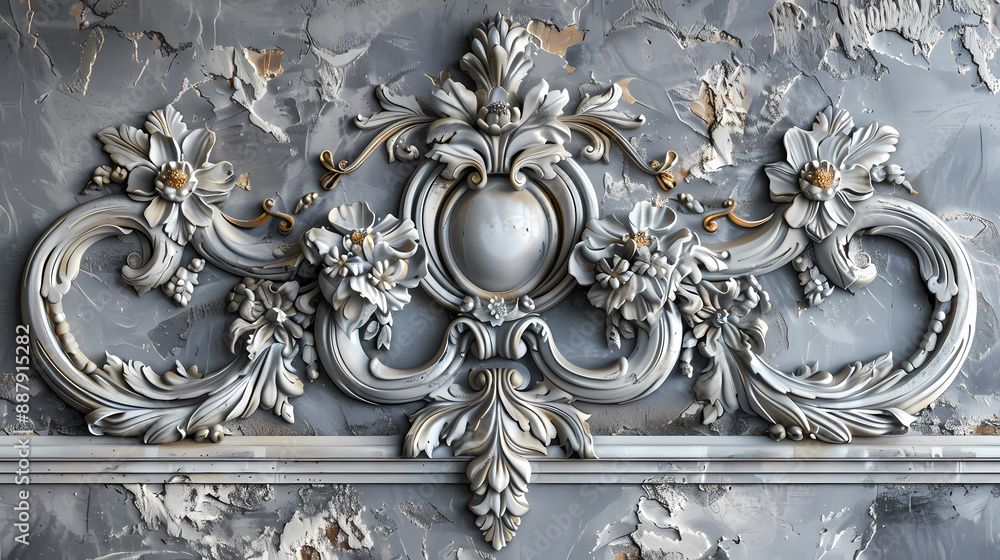 Volumetric stucco molding on a concrete wall with silver and gold elements. sea and mountain landscape Volumetric stucco molding on a concrete wall with silver and gold elements. sea and mountain landscape