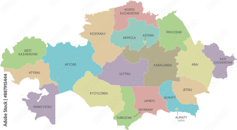 Fototapeta premium Vector map of Kazakhstan with regions, independent cities and administrative divisions. Editable and clearly labeled layers.