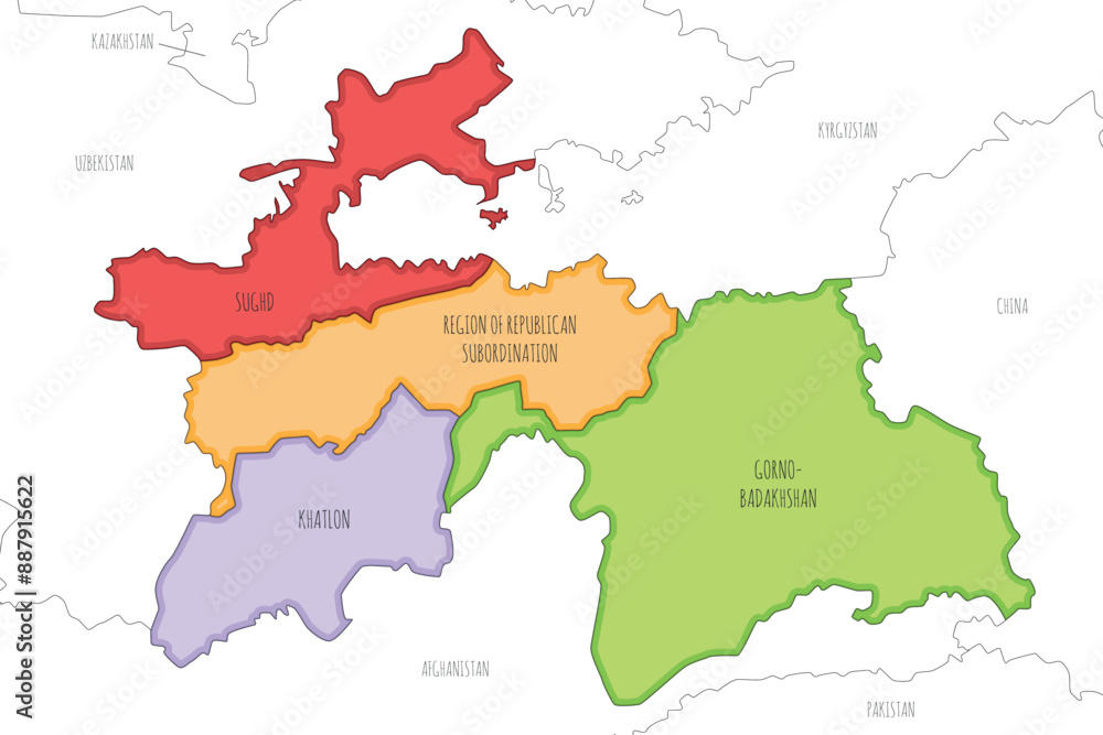 Vector illustrated regional map of Tajikistan with provinces and administrative divisions, and neighbouring countries and territories. Editable and clearly labeled layers. Vector illustrated regional map of Tajikistan with provinces and administrative divisions, and neighbouring countries and territories. Editable and clearly labeled layers.