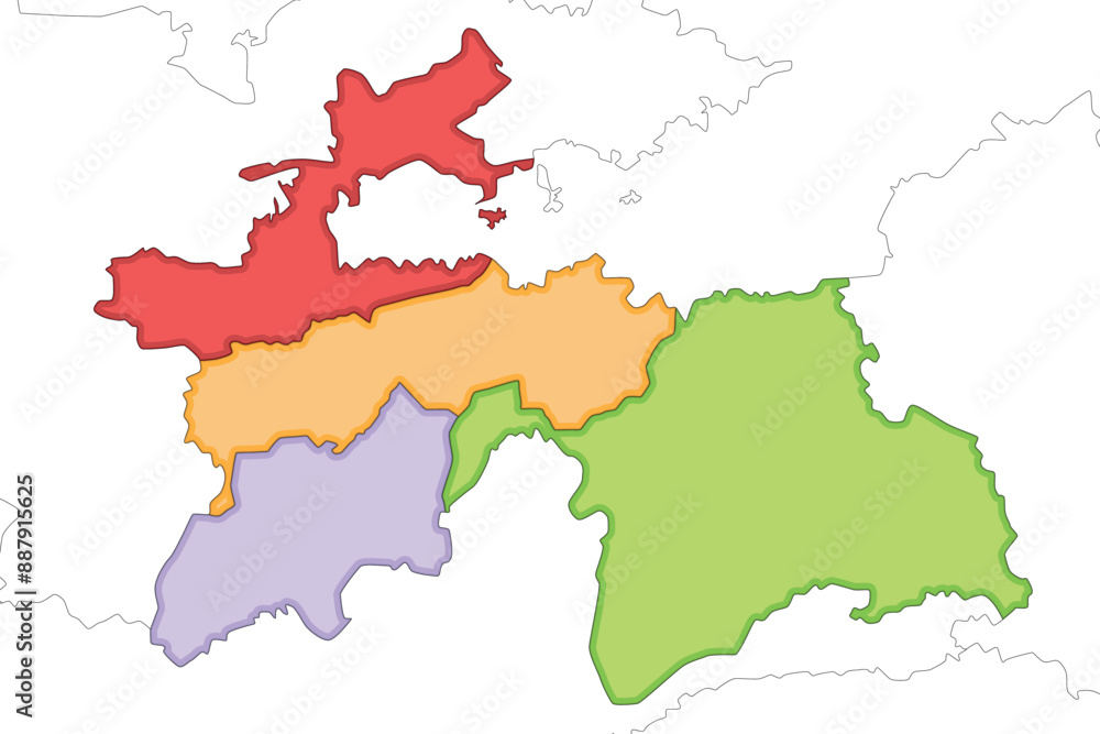 Vector illustrated regional blank map of Tajikistan with provinces and administrative divisions, and neighbouring countries and territories. Editable and clearly labeled layers. Vector illustrated regional blank map of Tajikistan with provinces and administrative divisions, and neighbouring countries and territories. Editable and clearly labeled layers.