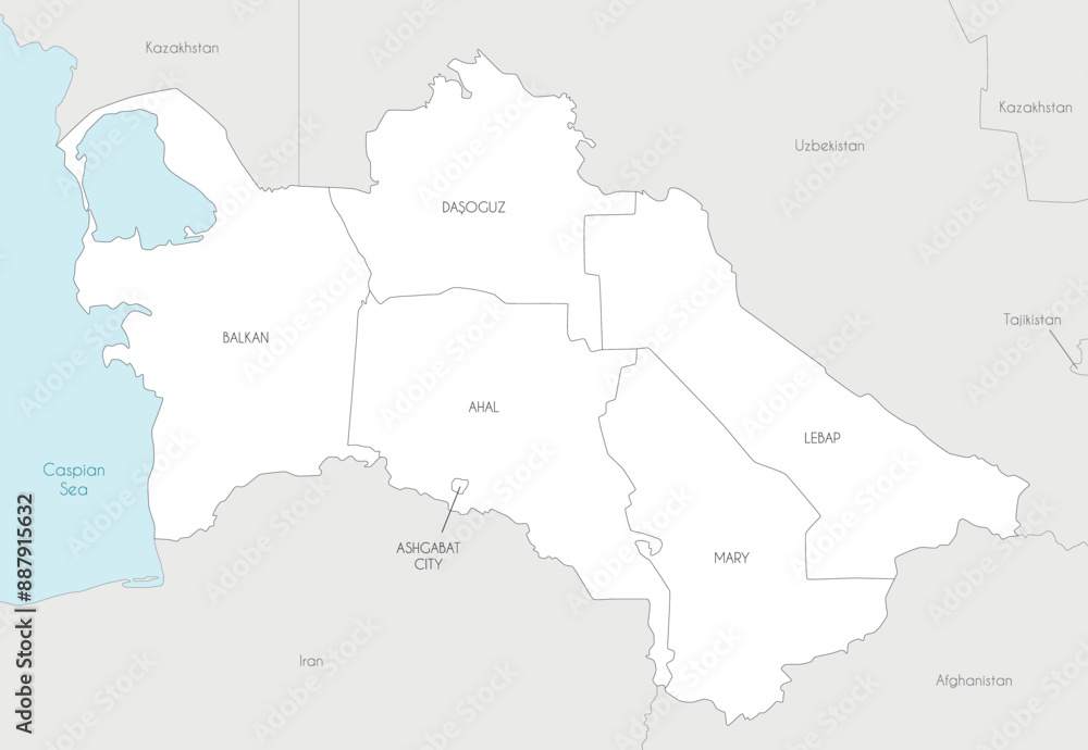 Obraz premium Vector regional map of Turkmenistan with provinces, capital city district and administrative divisions, and neighbouring countries and territories. Editable and clearly labeled layers.