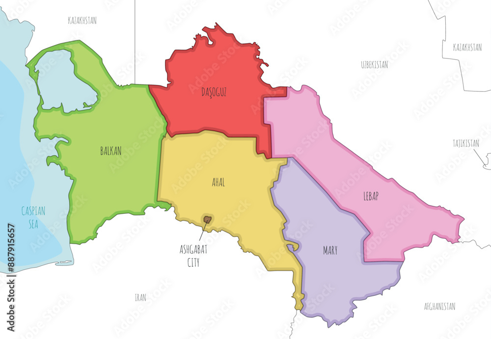 Obraz premium Vector illustrated regional map of Turkmenistan with provinces, capital city district and administrative divisions, and neighbouring countries and territories. Editable and clearly labeled layers.