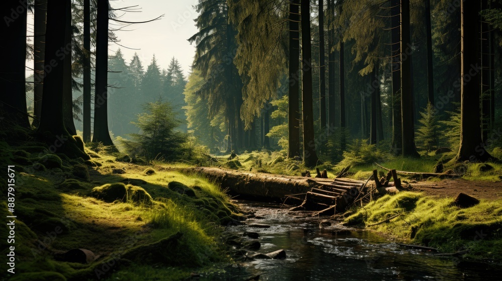 Towering trees in lush woodland Towering trees in lush woodland