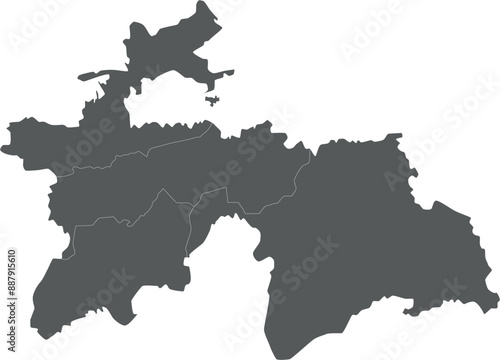 Vector regional blank map of Tajikistan with provinces and administrative divisions. Editable and clearly labeled layers.