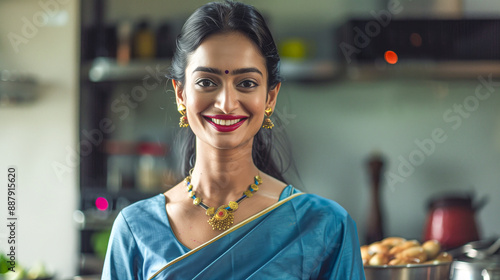 Indian modern indian woman cooking in the kitchen, wearing blue saree with smile photo