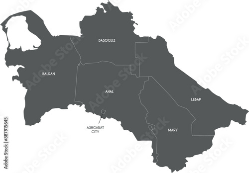 Vector regional map of Turkmenistan with provinces, capital city district and administrative divisions. Editable and clearly labeled layers. photo