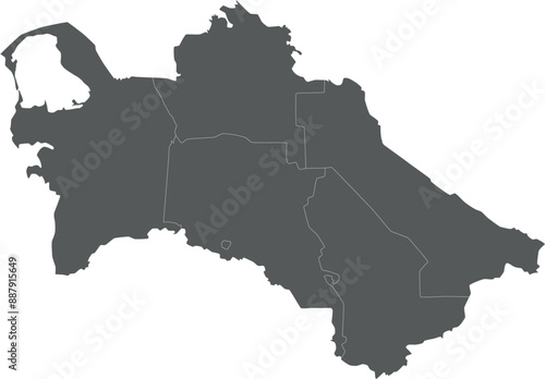 Vector regional blank map of Turkmenistan with provinces, capital city district and administrative divisions. Editable and clearly labeled layers.