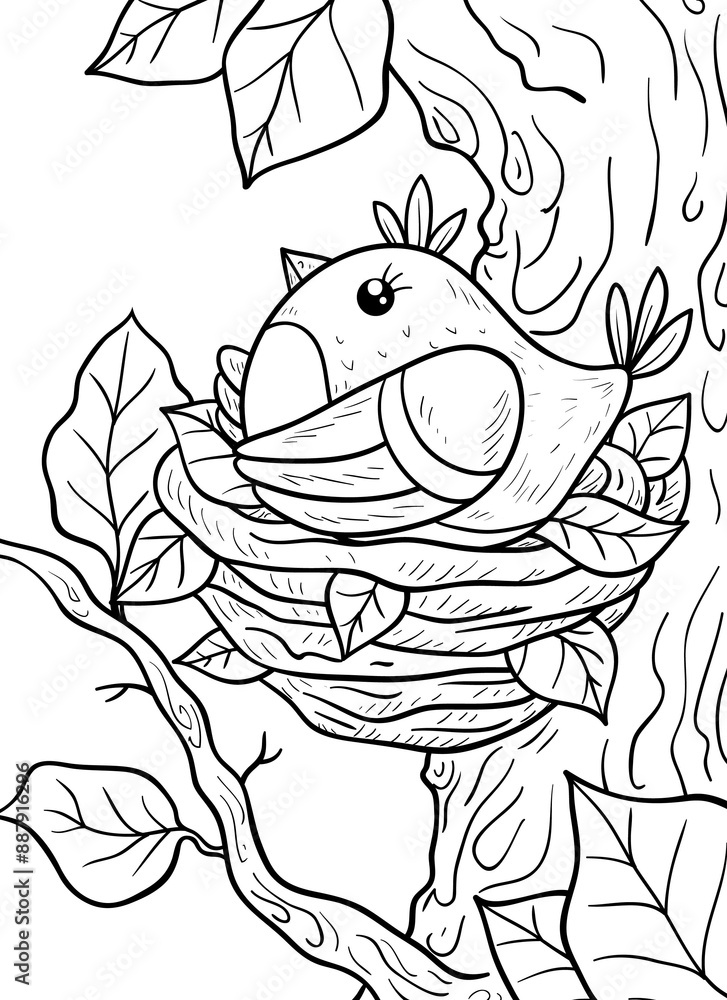 A cartoon bird in the nest on the tree illustration, coloring page for children. A cartoon bird in the nest on the tree illustration, coloring page for children.