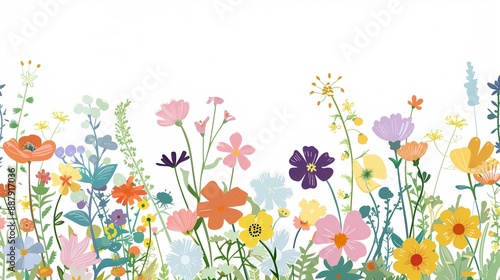 Frame with pastel leaves and flowers on the edges,flat white background, pale green,copy space.