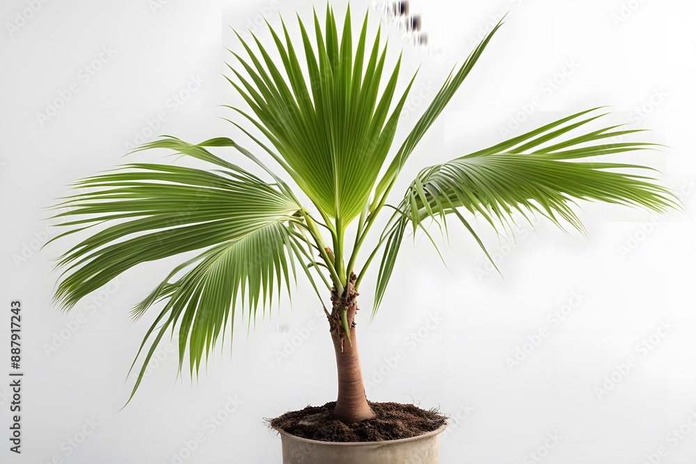 Coconut palm plant in pot white background, AI Generated Coconut palm plant in pot white background, AI Generated
