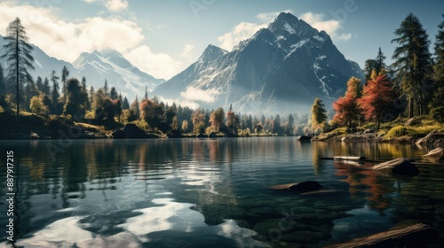 Tranquil lake reflecting towering mountains