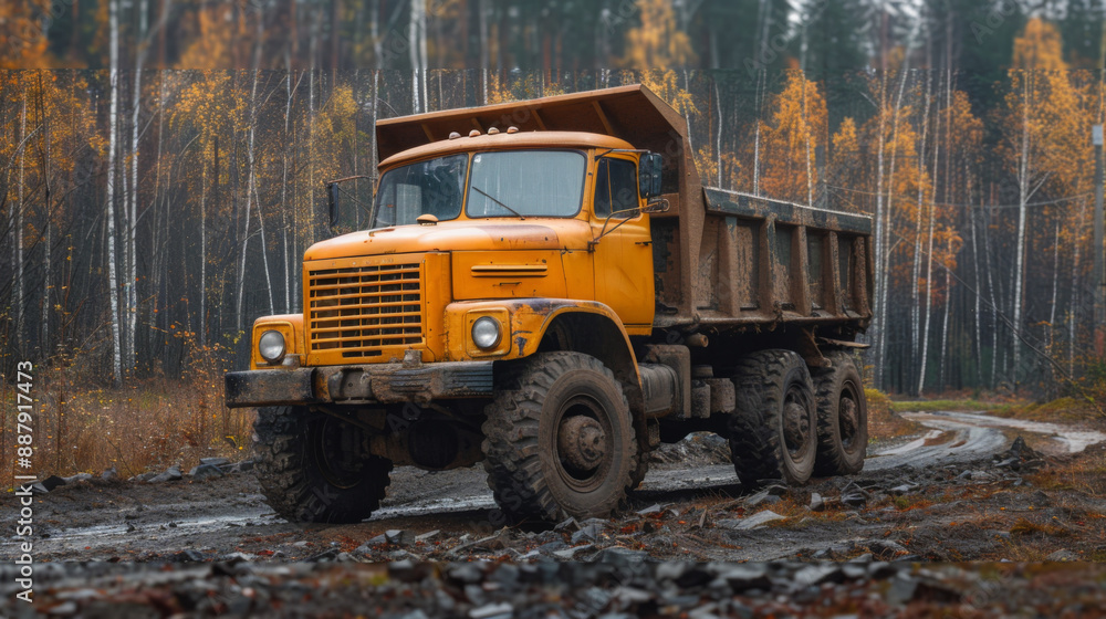 A large yellow dump truck navigates a muddy forest road surrounded by autumn trees, showcasing rugged utility in construction. A large yellow dump truck navigates a muddy forest road surrounded by autumn trees, showcasing rugged utility in construction.