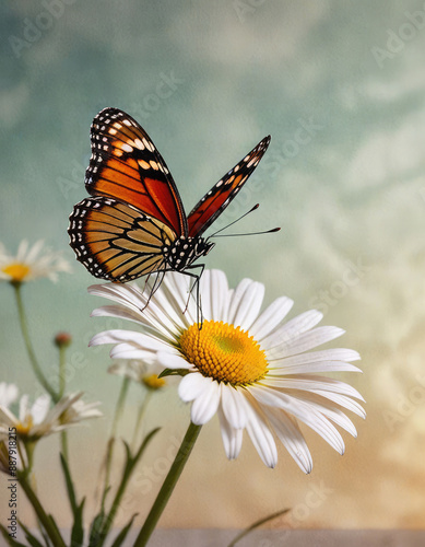 A butterfly sits on a lonely daisy on a summer day