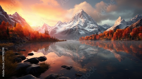 Tranquil lake reflecting towering mountains
