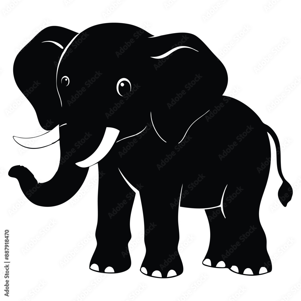 Fototapeta premium Elephant silhouette with the trunk up isolated on white background. Vector illustration