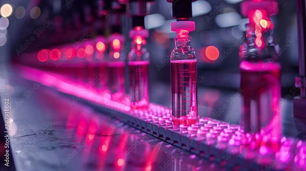 Close-up view of a pharmaceutical manufacturing line with vials being filled with liquid. Close-up view of a pharmaceutical manufacturing line with vials being filled with liquid.