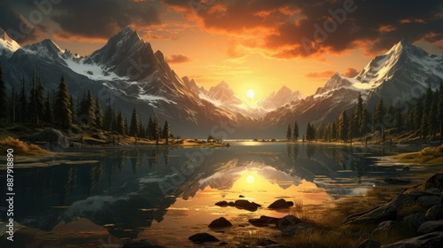 Tranquil lake reflecting towering mountains