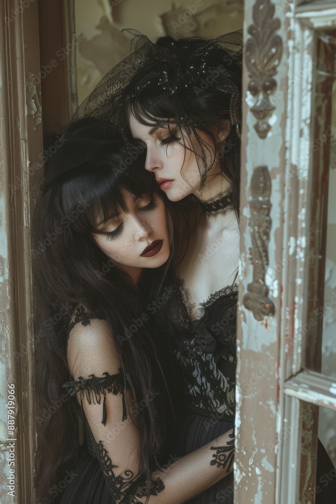 Romantic Embrace in Lost place: Two Goth-styled women in Victorian-inspired clothing embracing in lost place. Gothic, Goth, Emo, Dark style fashion. Smokey make-up, messy hair. Dramatic. Elegant. Romantic Embrace in Lost place: Two Goth-styled women in Victorian-inspired clothing embracing in lost place. Gothic, Goth, Emo, Dark style fashion. Smokey make-up, messy hair. Dramatic. Elegant.