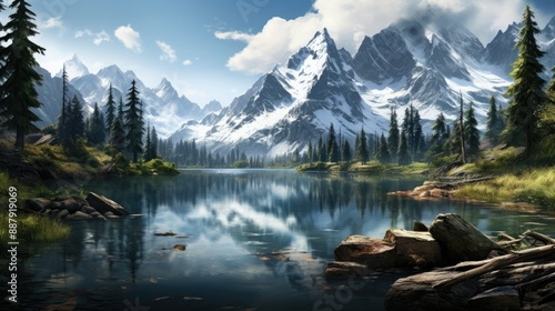 Tranquil lake reflecting towering mountains