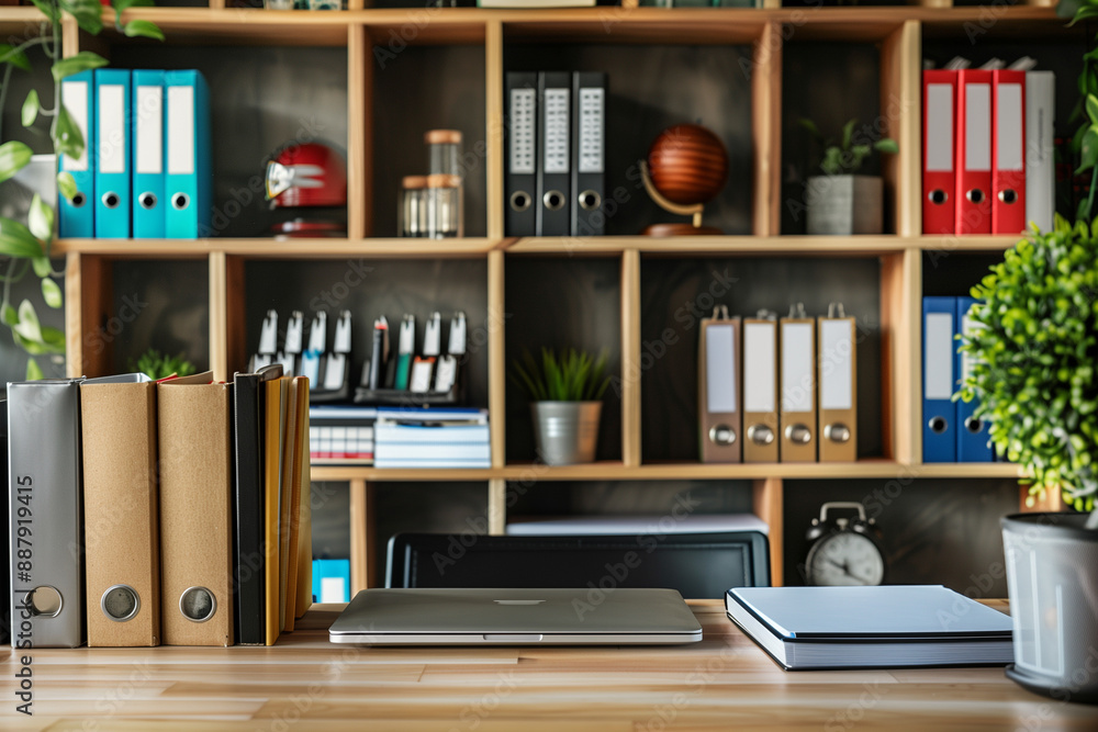 organized modern office with neatly arranged shelves, file folders, and a clean desk. Perfect for business, work, and productivity concepts in professional environments. Photo organized modern office with neatly arranged shelves, file folders, and a clean desk. Perfect for business, work, and productivity concepts in professional environments. Photo