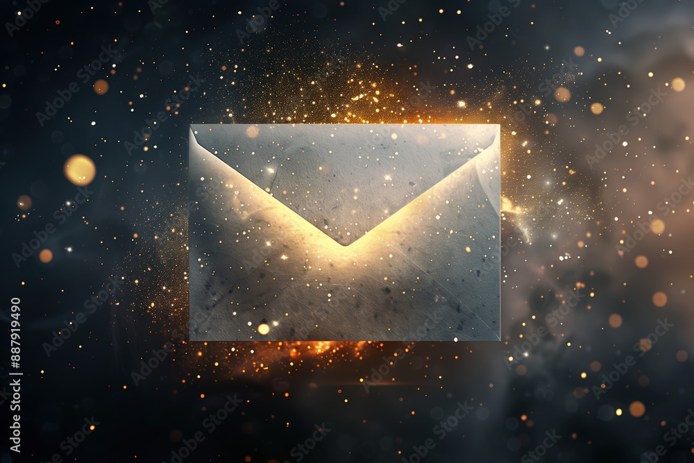 Cinematic depiction of an envelope floating in space. The background is dark yet mystical, creating depth against the bright light shining from within the envelope. Cinematic depiction of an envelope floating in space. The background is dark yet mystical, creating depth against the bright light shining from within the envelope.