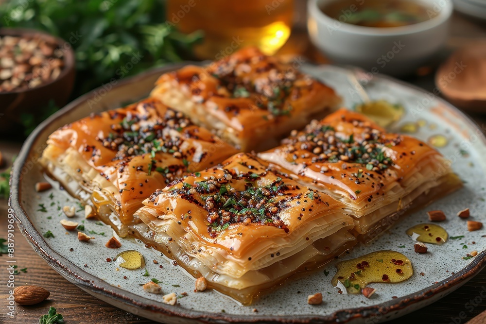 Greece Baklava Diamond-shaped pieces of flaky pastry layered with chopped nuts and honey syrup, served on a white plate with a drizzle of extra honey. Greece Baklava Diamond-shaped pieces of flaky pastry layered with chopped nuts and honey syrup, served on a white plate with a drizzle of extra honey.