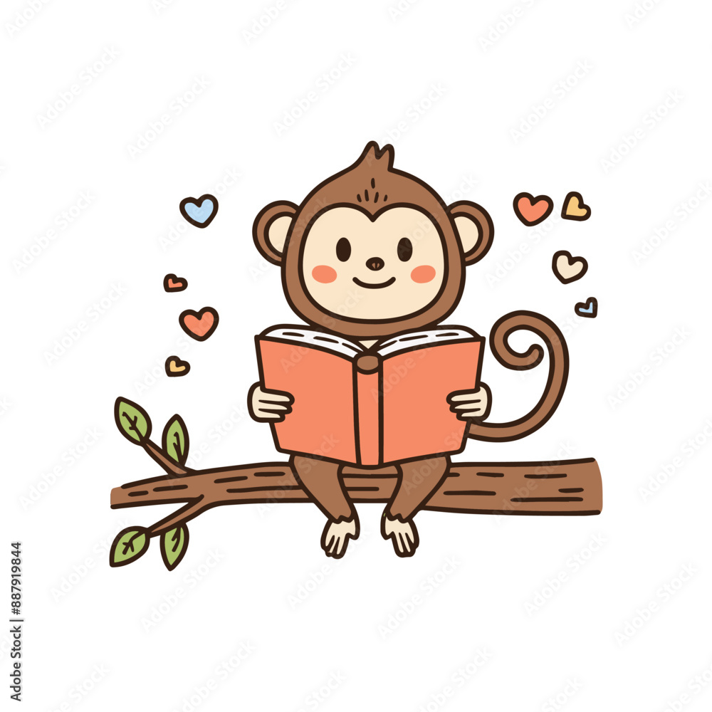 Doodle illustration of a cute monkey reading a book on tree Doodle illustration of a cute monkey reading a book on tree