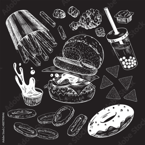 Set of fast food. Drawn on chalkboard sketch style hamburger, french fries, sauce, chicken nuggets, burger, donut, fried onion rings, bubble tea, chips. Hand drawn collection of street food