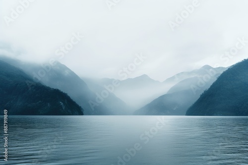 Fototapeta Naklejka Na Ścianę i Meble -  Sea ripple water in misty morning. Norwegian landscape with thick fog on beautiful mountain lake. Nature, ecology, eco tourism. Travel and vacation concept