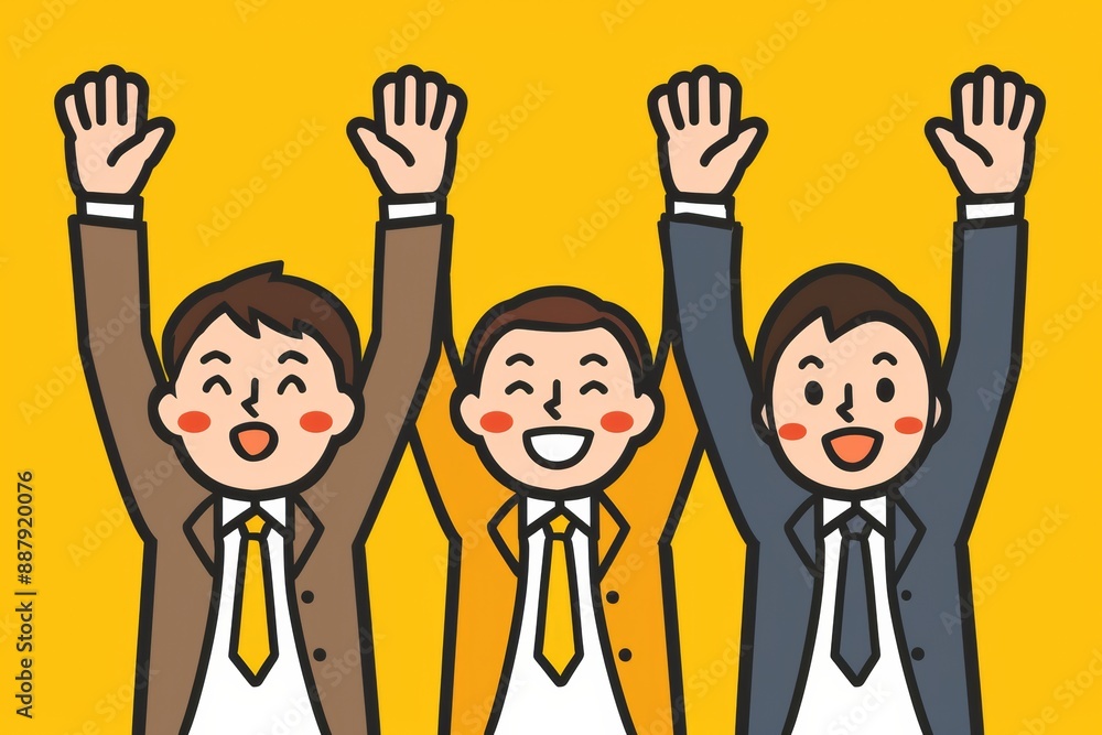 a simple line drawing with a vibrant yellow background, three individuals cheer enthusiastically, their hands raised high while dressed in a combination of shirts and suits. a simple line drawing with a vibrant yellow background, three individuals cheer enthusiastically, their hands raised high while dressed in a combination of shirts and suits.