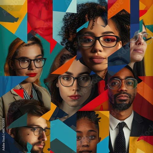 dynamic collage of confident professionals from diverse backgrounds their determined expressions overlapping in a cubistinspired composition of success and ambition photo