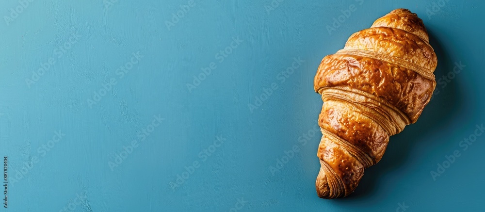 A fresh croissant is displayed on a blue background with copy space perfect for a rustic food background image A fresh croissant is displayed on a blue background with copy space perfect for a rustic food background image