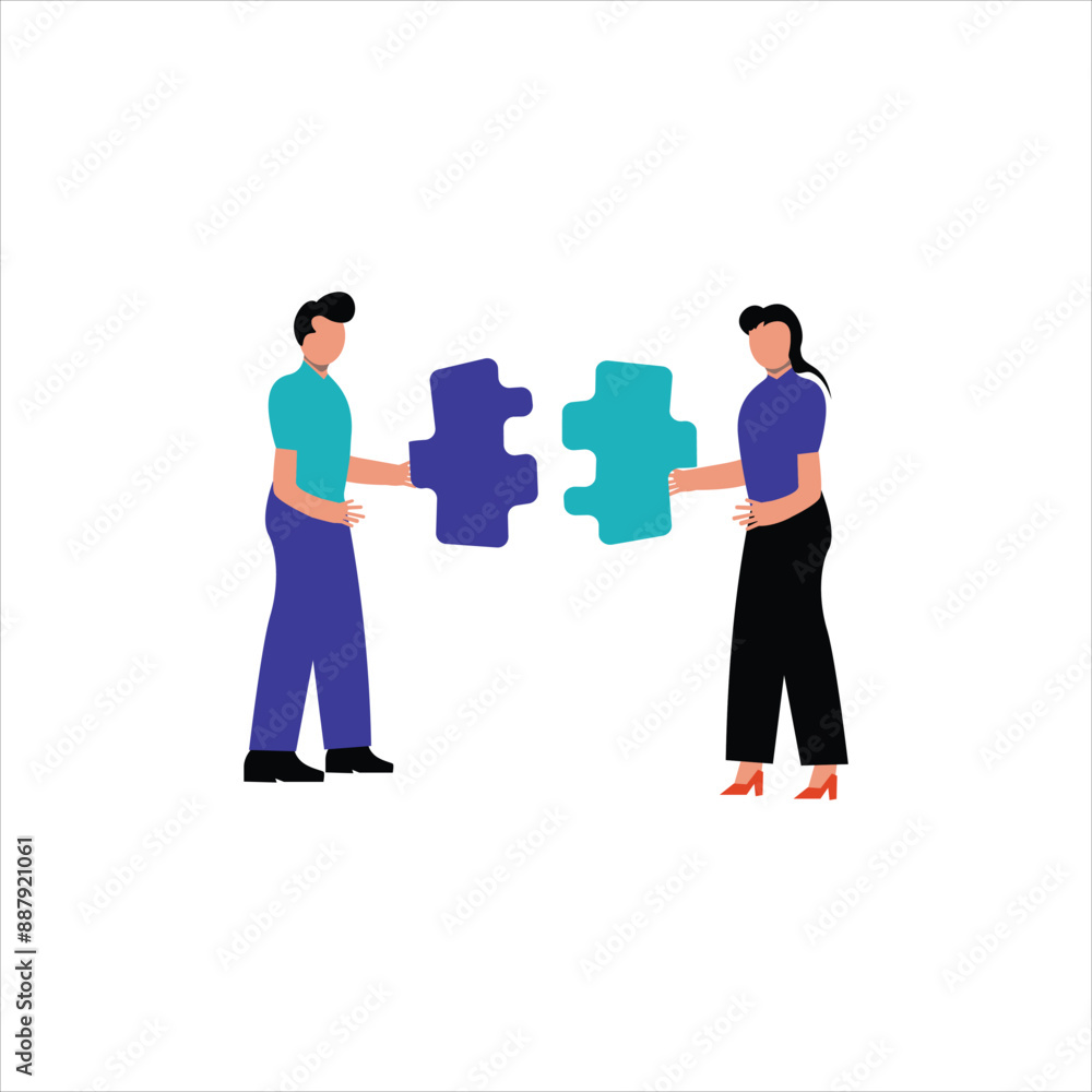 Obraz premium Putting puzzle pieces together to create brilliant business solutions, depicting the spirit of teamwork and partnership in a flat style vector illustration