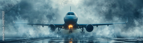 Front view of an airplane taking off through a misty runway, engines blazing in dramatic, foggy conditions.