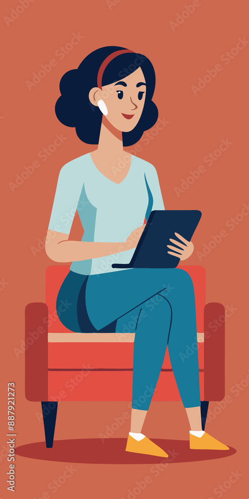 A simple and clean illustration of a woman sitting on a chair, using a tablet, depicting a modern, tech-savvy lifestyle, perfect for digital learning or remote work themes A simple and clean illustration of a woman sitting on a chair, using a tablet, depicting a modern, tech-savvy lifestyle, perfect for digital learning or remote work themes