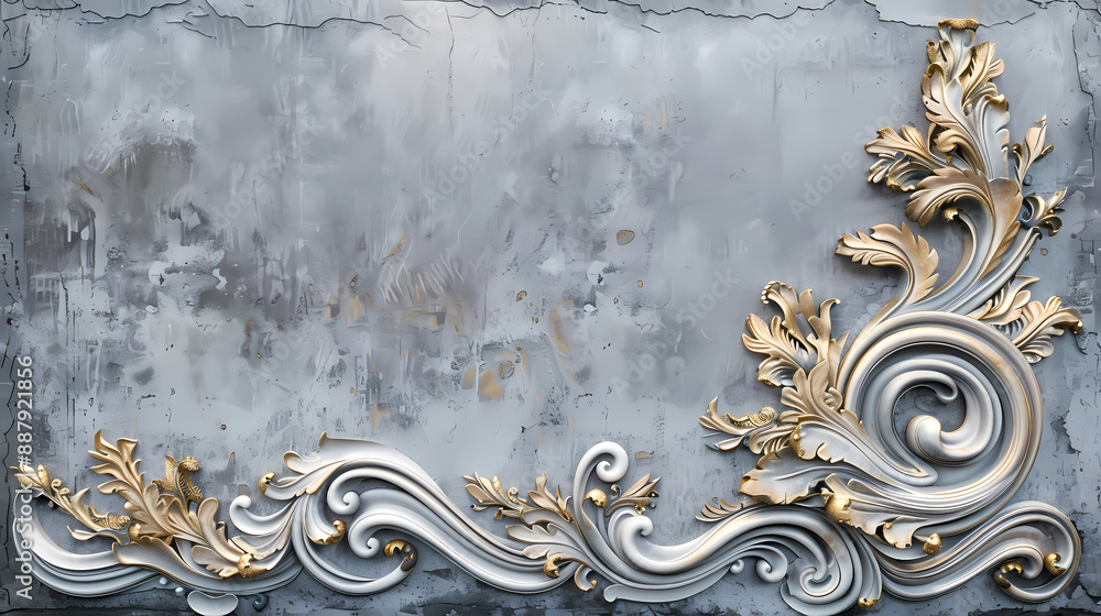 Volumetric stucco molding on a concrete wall with silver and gold elements. sea and mountain landscape Volumetric stucco molding on a concrete wall with silver and gold elements. sea and mountain landscape