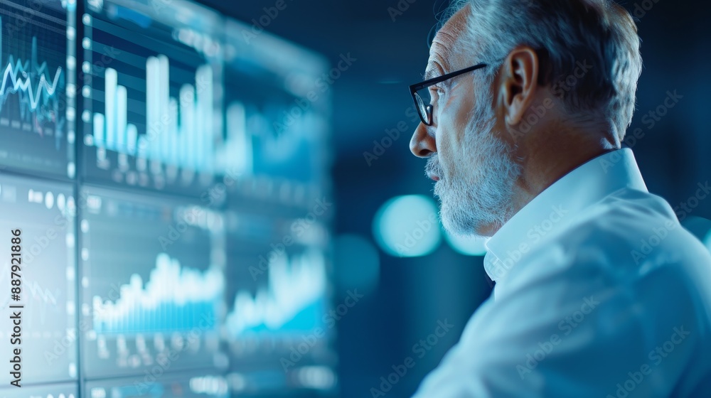senior businessman analyzing financial data on multiple monitors in a modern office senior businessman analyzing financial data on multiple monitors in a modern office