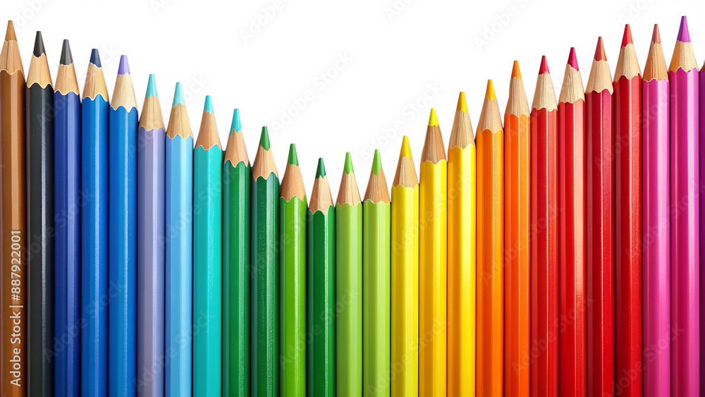Wooden Pencils Arranged in a Colorful Wave on a Transparent Background Wooden Pencils Arranged in a Colorful Wave on a Transparent Background