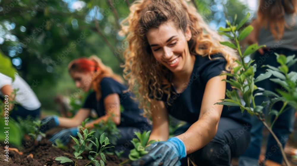 Fototapeta premium Group of young adults gardening outdoors, planting and nurturing plants in a vibrant green garden on a sunny day.