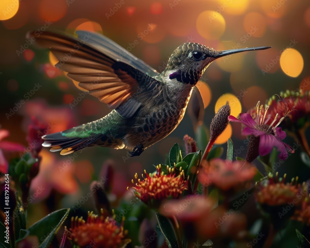 Obraz premium Slowmotion capture of a hummingbird hovering over vibrant flowers, showcasing the intricate beauty of nature