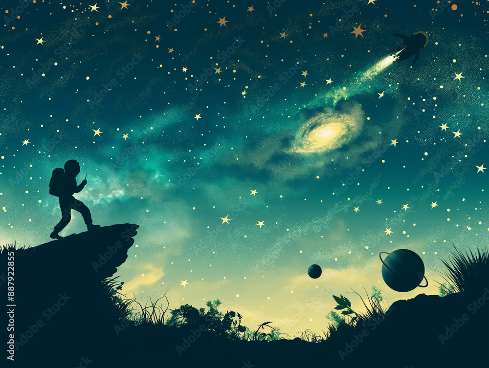 Naklejka premium Night landscape with Silhouette of a astronaut jumping starry night with big steampunk spaceship 