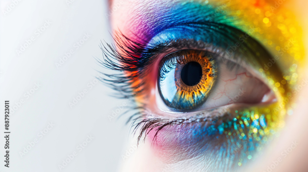 Close-up of a colorful rainbow woman eye isolated on panoramic white background with copy-space, colors vision, LGBTQ pride concept Close-up of a colorful rainbow woman eye isolated on panoramic white background with copy-space, colors vision, LGBTQ pride concept