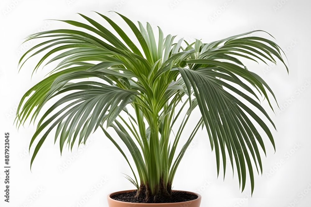 Obraz premium Kentia palm plant in pot white background, AI Generated