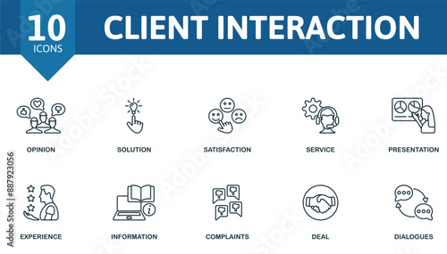 Client Interaction thin line icon set. Opinion, Solution, Satisfaction, Service, Presentation, Experience, Information, Complaints, Deal, Dialogues icons and more