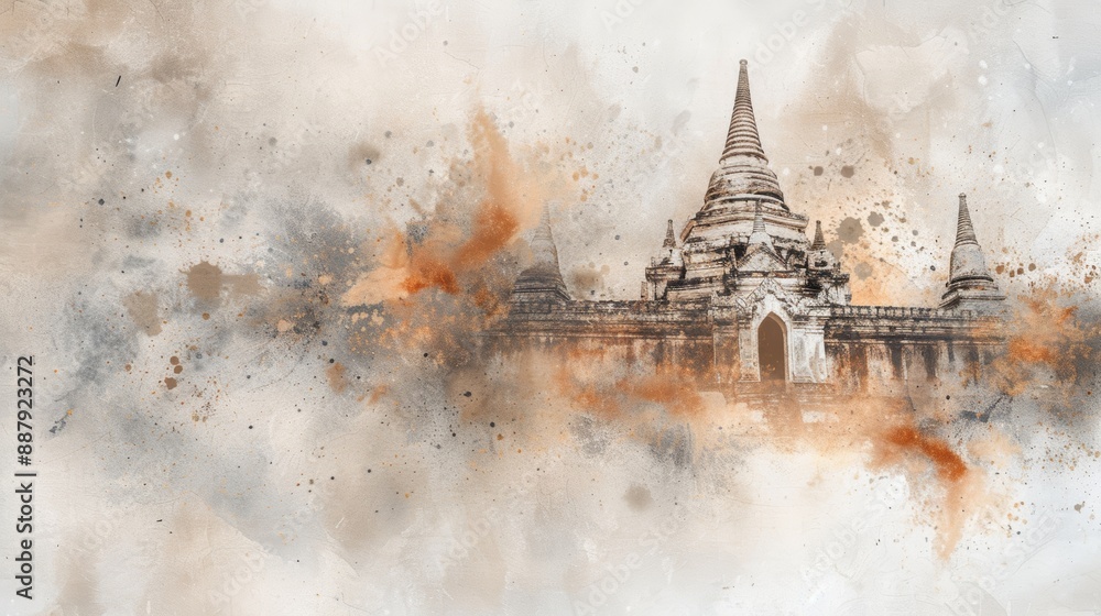 Watercolor painting depicting an ancient temple with a stunning architectural design and a misty, soft color palette, creating a serene atmosphere. Watercolor painting depicting an ancient temple with a stunning architectural design and a misty, soft color palette, creating a serene atmosphere.