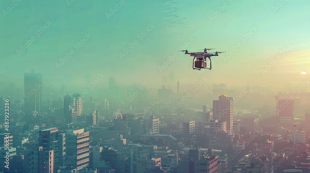 A drone flies with a parcel in the sky A drone flies with a parcel in the sky