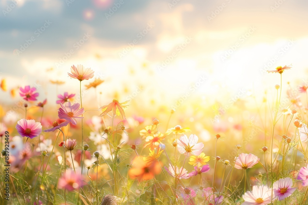 vibrant wildflower meadow at sunset with soft golden light and blurred background vibrant wildflower meadow at sunset with soft golden light and blurred background