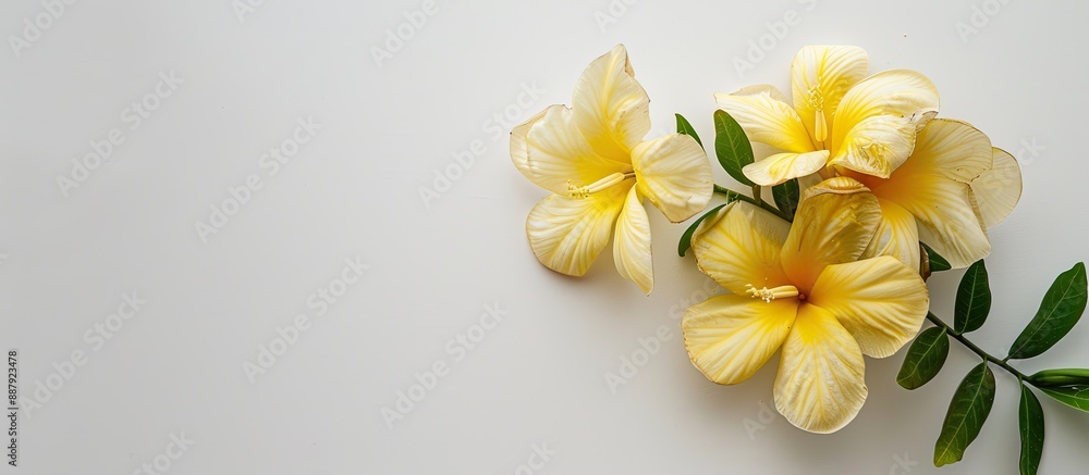 An allamanda flower displayed on a white background in spring or summer ideal for various design purposes with space for text or images. Copy space image. Place for adding text and design An allamanda flower displayed on a white background in spring or summer ideal for various design purposes with space for text or images. Copy space image. Place for adding text and design