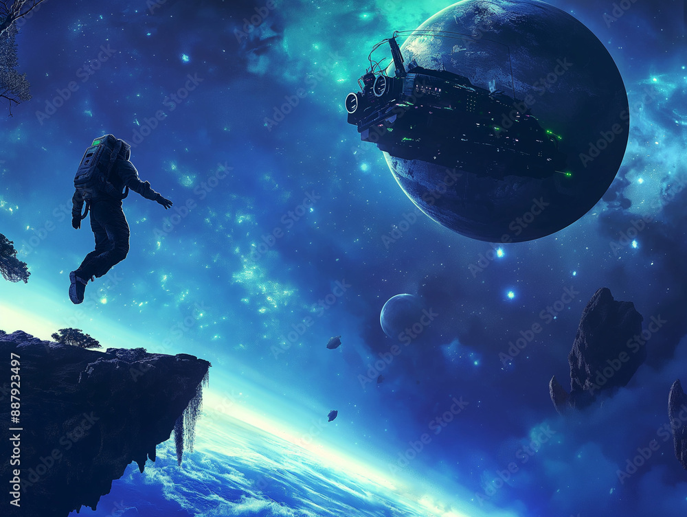 Night landscape with Silhouette of a astronaut jumping starry night with big steampunk spaceship Night landscape with Silhouette of a astronaut jumping starry night with big steampunk spaceship